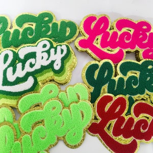 Lucky Patch, Patch de letra de chenille, Patch de coelho bordado com glitter dourado, Patch de chenille de amor, Patches de ferro de coração de amor de chenille xadrez
