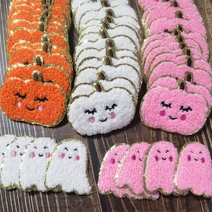DIY Iron on Ghost and Pumpkin Chenille Patches with Gold Glitter Edging - Fall Patches