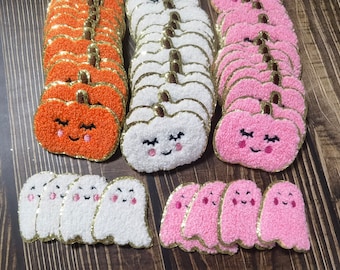 DIY Iron on Ghost and Pumpkin Chenille Patches with Gold Glitter Edging - Fall Patches