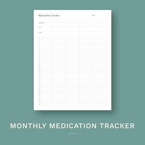 Op de afbeelding: Een printbare medicijn tracker met een leeg raster om medicijnnamen, dosering en innametijden te registreren. De tracker is ontworpen voor maandelijks gebruik.