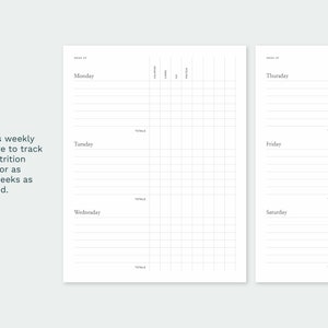 May include: A printable weekly nutrition tracker template with sections for Monday, Tuesday, Wednesday, Thursday, Friday, and Saturday. Each day has a section for calories, carbs, fat, and protein.