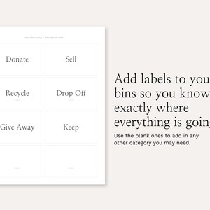 May include: A printable sheet with labels for organizing items. The labels include "Donate", "Sell", "Recycle", "Drop Off", "Give Away", and "Keep". There are also two blank labels for adding custom categories.
