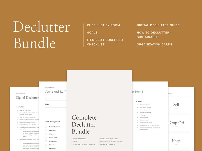 May include: A digital decluttering bundle with a checklist by room, goals, an itemized household checklist, a digital declutter guide, how to declutter sustainably, and organization cards.