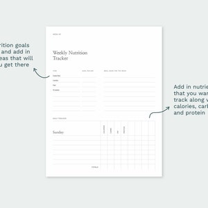 May include: A printable weekly nutrition tracker with sections for setting goals, tracking daily intake, and meal ideas. The tracker includes columns for calories, carbs, fat, and protein.