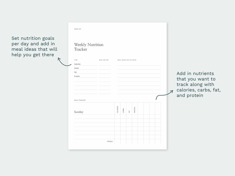 May include: A printable weekly nutrition tracker with sections for setting goals, tracking daily intake, and meal ideas. The tracker includes columns for calories, carbs, fat, and protein.