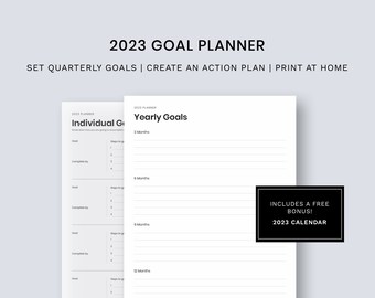 Puede incluir: Un planificador de objetivos imprimible para 2023 con un diseño en blanco y negro. El planificador incluye secciones para objetivos individuales, objetivos anuales y un bono de calendario 2023 gratuito.