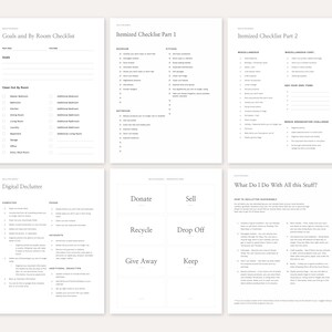 May include: A printable checklist for decluttering your home. The checklist includes sections for goals, rooms, items to donate, sell, recycle, drop off, give away, and keep. It also includes a section for digital decluttering.