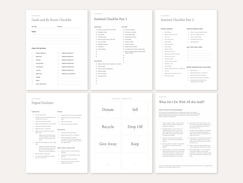 May include: A printable checklist for decluttering your home. The checklist includes sections for goals, rooms, items to donate, sell, recycle, drop off, give away, and keep. It also includes a section for digital decluttering.