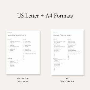 May include: Two black and white printable checklists for home organization. The checklists are titled "Itemized Checklist Part 1" and are formatted for US Letter and A4 paper sizes. The checklists include categories for bedroom, kitchen, and bathroom.