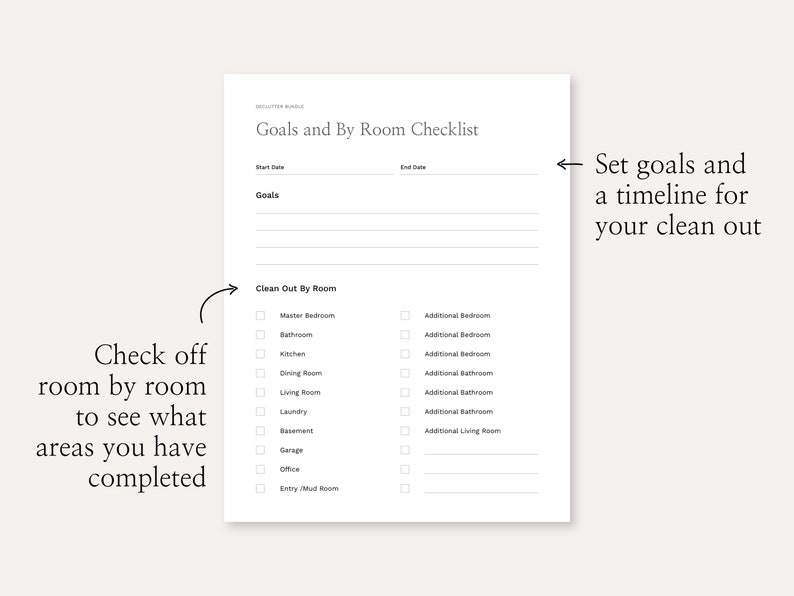 May include: A printable checklist for decluttering your home, room by room. The checklist includes a section for setting goals and a timeline, and then lists common rooms to clean out, such as the master bedroom, bathroom, kitchen, dining room, living room, laundry room, basement, garage, office, and entry/mud room.