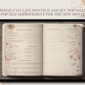 May include: Open journal with floral accents and the text "REFLECT ON LAST MONTH & AND SET NEW GOALS FOR SELF-IMPROVEMENT FOR THE NEW MONTH." The journal pages include sections for reflections, goals, and a habit tracker. The color palette is soft, with beige and pink tones.