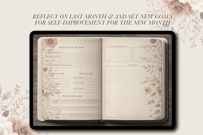 May include: Open journal with floral accents and the text "REFLECT ON LAST MONTH & AND SET NEW GOALS FOR SELF-IMPROVEMENT FOR THE NEW MONTH." The journal pages include sections for reflections, goals, and a habit tracker. The color palette is soft, with beige and pink tones.