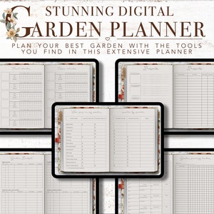 Puede incluir: Un planificador de jard&iacute;n digital con p&aacute;ginas para planificar proyectos, hacer un seguimiento de los gastos y programar tareas. El planificador tiene un dise&ntilde;o floral y el texto "STUNNING DIGITAL GARDEN PLANNER" en la parte superior.