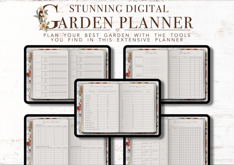 Puede incluir: Un planificador de jard&iacute;n digital con p&aacute;ginas para planificar proyectos, hacer un seguimiento de los gastos y programar tareas. El planificador tiene un dise&ntilde;o floral y el texto "STUNNING DIGITAL GARDEN PLANNER" en la parte superior.
