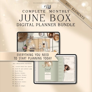 Puede incluir: Paquete de planificador digital con el texto "June Box" y "Everything You Need to Start Planning Today." Incluye un planificador en blanco de un mes, pegatinas decorativas y arte de palabras. La imagen muestra una tableta con un planificador digital.