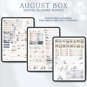 May include: A digital planner bundle titled AUGUST BOX DIGITAL PLANNER BUNDLE, FUNCTIONAL STICKERS FOR SIMPLE AND FAST PLANNING. Three tablet screens display sets of watercolor-style stickers in shades of blue, beige, and white, featuring coastal motifs, calendar dates, habit trackers, and various rectangular labels.