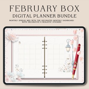 Puede incluir: Un paquete de planificador digital que se muestra en una tableta. La pantalla muestra un dise&ntilde;o de calendario mensual con elementos florales decorativos, un bol&iacute;grafo rojo y el texto "FEBRUARY BOX DIGITAL PLANNER BUNDLE". Incluye pegatinas decorativas y realistas.