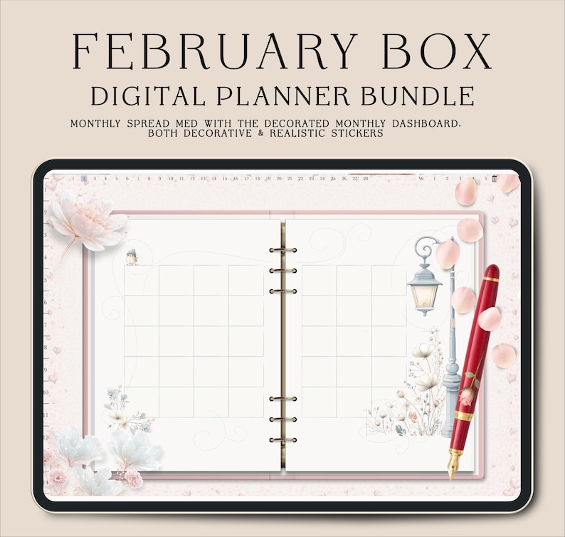 Puede incluir: Un paquete de planificador digital que se muestra en una tableta. La pantalla muestra un dise&ntilde;o de calendario mensual con elementos florales decorativos, un bol&iacute;grafo rojo y el texto "FEBRUARY BOX DIGITAL PLANNER BUNDLE". Incluye pegatinas decorativas y realistas.