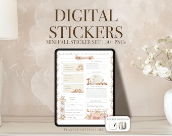 May include: A digital tablet displaying a fall-themed planner layout with floral and leaf accents. The screen shows sections for daily tasks, notes, and journaling. The text "DIGITAL STICKERS" and "MINI FALL STICKER SET | 30+ PNGs" are visible.