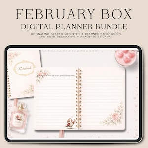 Puede incluir: Un paquete de planificador digital con el texto "FEBRUARY BOX DIGITAL PLANNER BUNDLE". La imagen incluye un cuaderno, un diario con p&aacute;ginas rayadas y pegatinas decorativas. El diario tiene una encuadernaci&oacute;n en espiral y detalles florales.