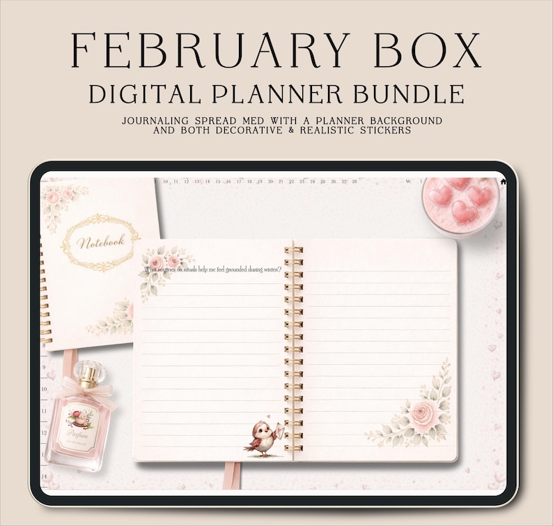 Puede incluir: Un paquete de planificador digital con el texto "FEBRUARY BOX DIGITAL PLANNER BUNDLE". La imagen incluye un cuaderno, un diario con p&aacute;ginas rayadas y pegatinas decorativas. El diario tiene una encuadernaci&oacute;n en espiral y detalles florales.
