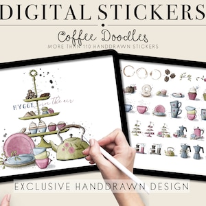 May include: Digital stickers featuring coffee doodles. The image shows a hand-drawn illustration of a tiered cake stand with cupcakes, macarons, and a teapot. The text "HYGGE in the air" is written on the stand. The image also shows a sheet of stickers with various coffee-themed illustrations, including coffee cups, coffee beans, and coffee makers.