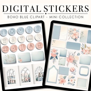 以下が含まれることがあります： ボホブルーのクリップアートスタイルのデジタルステッカー。ステッカーには、花柄、窓、さまざまな小さなアイコンが含まれています。画像の上部には「BOHO BLUE CLIPART - MINI COLLECTION」というテキストがあります。