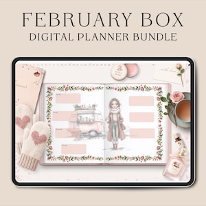 Puede incluir: Un paquete de planificador digital con el texto "February Box Digital Planner Bundle". La imagen presenta un planificador digital abierto a una p&aacute;gina semanal con ilustraciones, un diario, mitones y elementos decorativos.