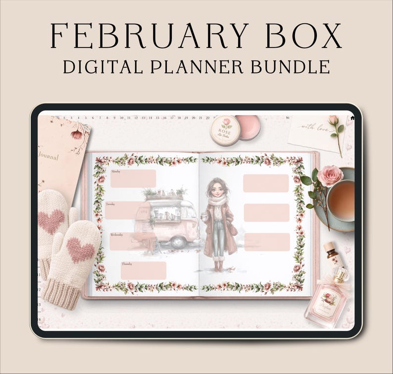 Puede incluir: Un paquete de planificador digital con el texto "February Box Digital Planner Bundle". La imagen presenta un planificador digital abierto a una p&aacute;gina semanal con ilustraciones, un diario, mitones y elementos decorativos.