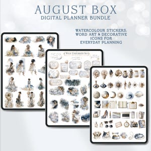 May include: A digital planner bundle titled AUGUST BOX DIGITAL PLANNER BUNDLE featuring three tablet screens displaying watercolor stickers, word art, and decorative icons including figures, celestial elements, and everyday objects.