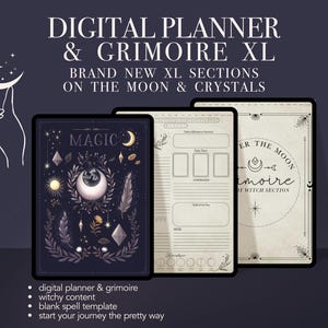 May include: A digital planner and grimoire with a black and white illustration of a crescent moon and stars. The planner has sections for "Magic", "Under the Moon", and "Grimoire Witch Section".