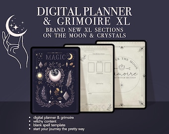 May include: A digital planner and grimoire with a black and white illustration of a crescent moon and stars. The planner has sections for "Magic", "Under the Moon", and "Grimoire Witch Section".