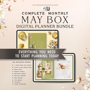 Pode incluir: Um pacote de planejador digital com o texto "COMPLETE MONTHLY MAY BOX DIGITAL PLANNER BUNDLE." A imagem mostra um tablet com um planejador, adesivos e outros elementos de planejamento digital. O texto "EVERYTHING YOU NEED TO START PLANNING TODAY" também é visível.