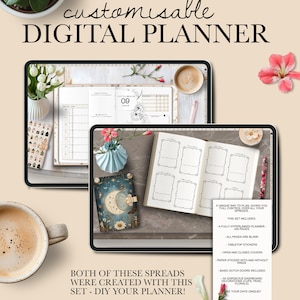 Könnte beinhalten: Zwei digitale Planer auf Tablets, mit dem Text "customisable DIGITAL PLANNER". Einer zeigt eine Kalenderseite, der andere ein leeres Layout. Das Bild enthält Kaffeetassen, Blumen und ein kleines Notizbuch mit Monddesign.