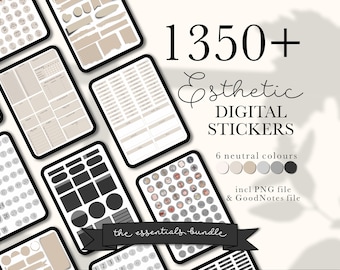 May include: A digital sticker bundle with over 1350+ aesthetic stickers in 6 neutral colors. The bundle includes PNG and GoodNotes files. The stickers feature various shapes, sizes, and designs, including circles, squares, rectangles, and lines. The stickers are perfect for adding a touch of style to digital planners, notes, and other documents.
