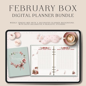 Puede incluir: Un paquete de planificador digital con el texto "FEBRUARY BOX DIGITAL PLANNER BUNDLE". La imagen muestra una extensi&oacute;n semanal con un fondo de planificador decorado y pegatinas decorativas. Incluye un planificador, caf&eacute; y una m&aacute;scara para dormir.