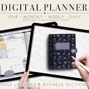 May include: A digital planner app on a tablet with a blue floral pattern cover. The app includes year, monthly, weekly, and daily views. The text "My Planner" is visible on the cover.