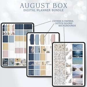 May include: August Box Digital Planner Bundle featuring three tablet screens displaying various digital assets including covers, papers, Dutch doors, and backgrounds in shades of blue, beige, and pink with floral and coastal imagery.
