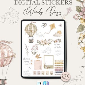 Könnte beinhalten: Ein digitales Sticker-Set mit dem Titel Windy Days, das Aquarellillustrationen eines Heißluftballons, eines Drachens, eines Vogels, Blumen, einer Sonne, Wolken, eines Fotorahmens, linierten Papiers und Wochentags-Etiketten auf einem Tablet zeigt.