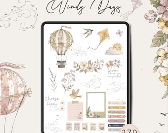 Watercolor Kite Digital Planner Stickers, Hot Air Balloon Sticker Book for GoodNotes & Noteful