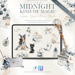 May include: A digital planner bundle titled Midnight Kind of Magic featuring watercolor illustrations of a witch, a black cat, a crescent moon, keys, a cauldron, and floral elements. The set includes 700+ PNG elements, a wand, and a scroll.