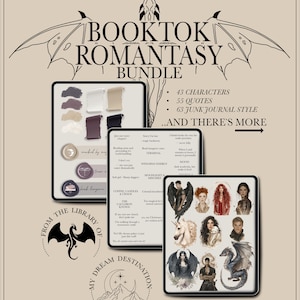 Könnte beinhalten: Ein digitales Kunstpaket mit Fantasy-Thema, das einen Drachen, Engelsflügel und Charakterporträts zeigt. Das Paket enthält 43 Charaktere, 55 Zitate und 63 Elemente im Junk-Journal-Stil. Die Farbpalette umfasst Grautöne, Braun und Beige.