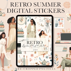 Retro Summer Goodnotes Digital Stickers, Boho Summer Stickers, Seasonal Digital Stickers, Pre-cropped Summer Stickers, OneNote Stickers