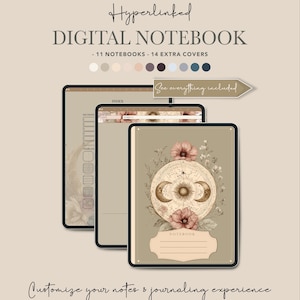 May include: Digital notebook with a beige cover featuring a celestial design with moons, sun, and flowers. The text "Hyperlinked DIGITAL NOTEBOOK" is at the top. The image includes the text "Customize your notes & journaling experience."
