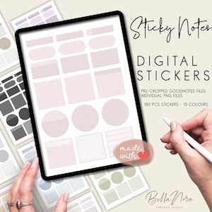 Op de afbeelding: Digitale sticky note stickers voor de Goodnotes-app. 180 voorgecropte PNG-bestanden in 10 kleuren, waaronder roze, grijs, blauw en groen.