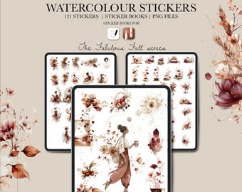 May include: Digital watercolor sticker set featuring fall-themed illustrations. The image shows three tablets displaying various stickers, including floral arrangements, a woman with a coffee cup, and a sleeping fox. Text at the top reads "WATERCOLOUR STICKERS".