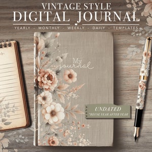May include: Vintage style digital journal with floral designs. The journal is undated and has the text "My journal" on the cover. The journal is surrounded by a wooden background with a pen and a cup of tea.