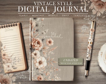 Digital Daily Hyperlinked journal, Vintage Junk Journal Diary, Selfimprovement Daily Journaling Diary, GoodNotes Retro 2024 Selfcare journal