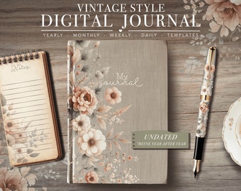 May include: Vintage style digital journal with floral designs. The journal is undated and has the text "My journal" on the cover. The journal is surrounded by a wooden background with a pen and a cup of tea.