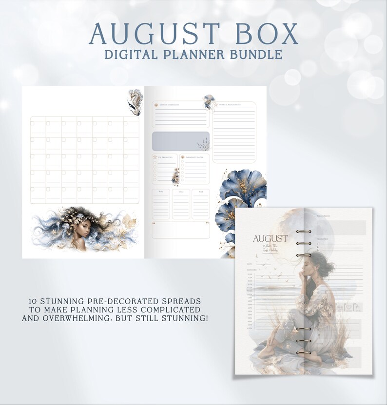 May include: AUGUST BOX DIGITAL PLANNER BUNDLE. 10 STUNNING PRE-DECORATED SPREADS TO MAKE PLANNING LESS COMPLICATED AND OVERWHELMING. BUT STILL STUNNING! A digital planner featuring monthly calendar grids, task lists, and illustrations of people.
